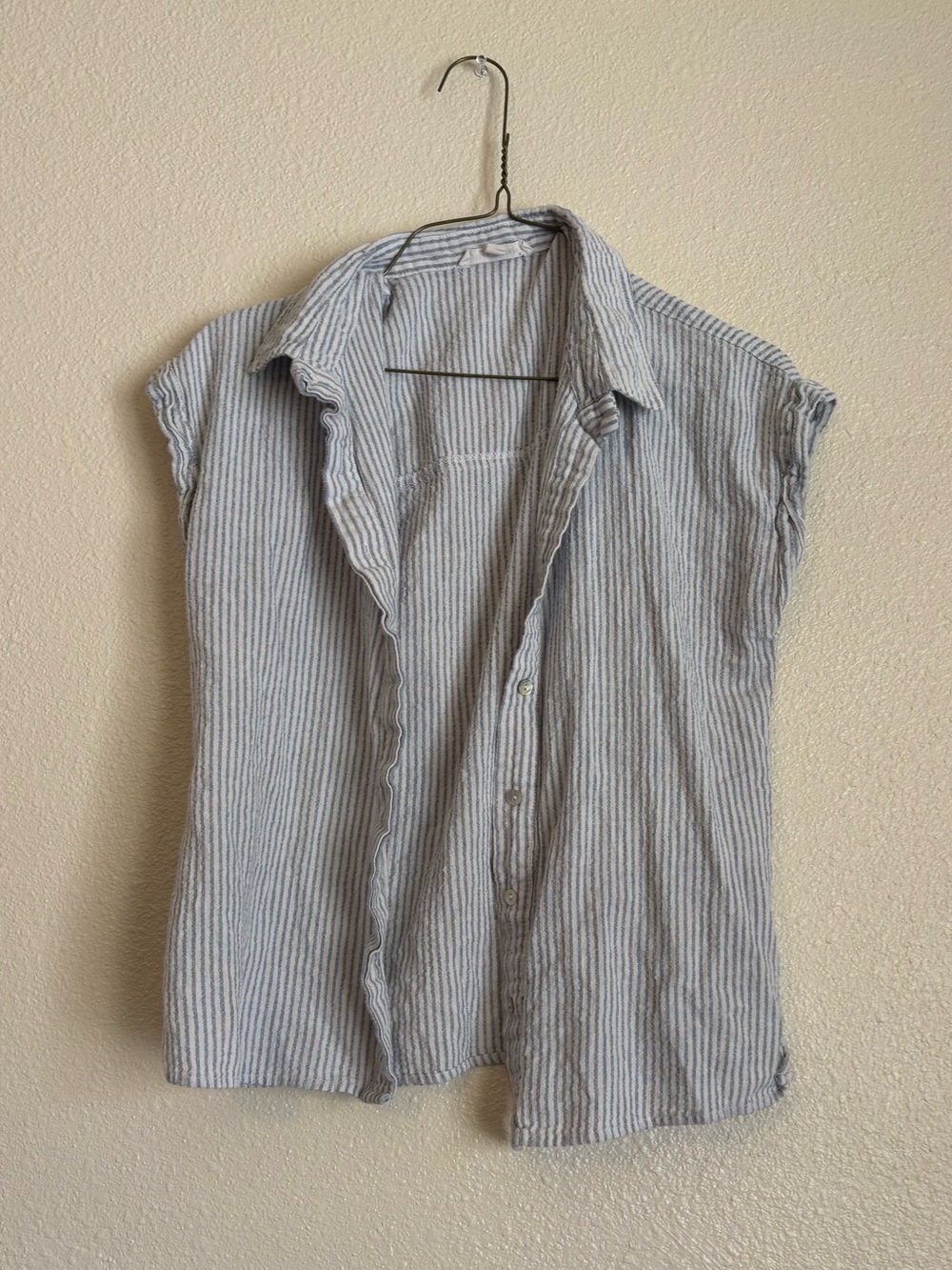 Striped Cap Sleeve Button-Down Shirt in Light Blue